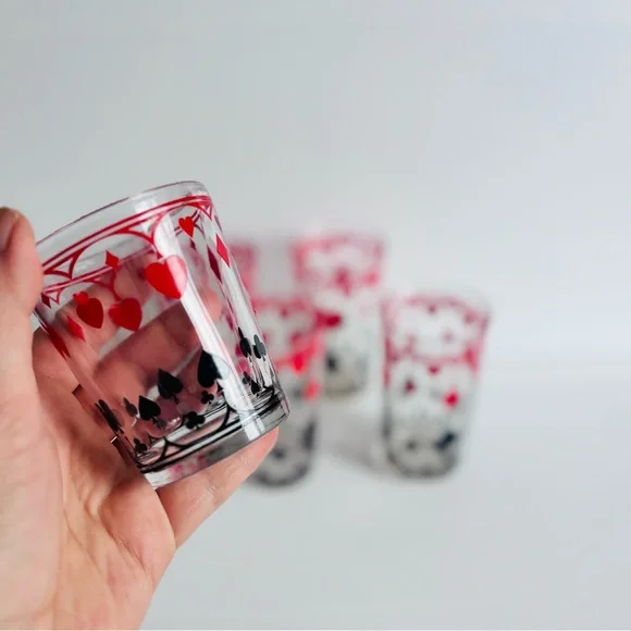 Vintage Playing Card Glasses Hearts Spades Set of Five - Picture 2 of 6